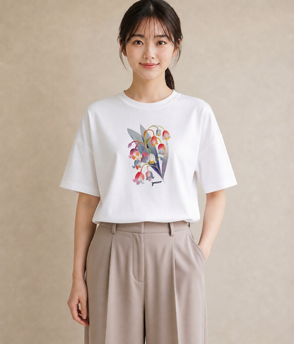 Tシャツ レディース すずらん 花 花柄 イラスト 線画 カフェ服 クリスマス 白T