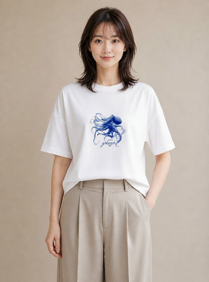 半袖Tシャツ レディース イカ 海の生き物 海 イラスト 休日コーデ カフェ巡り 白T YMAZO
