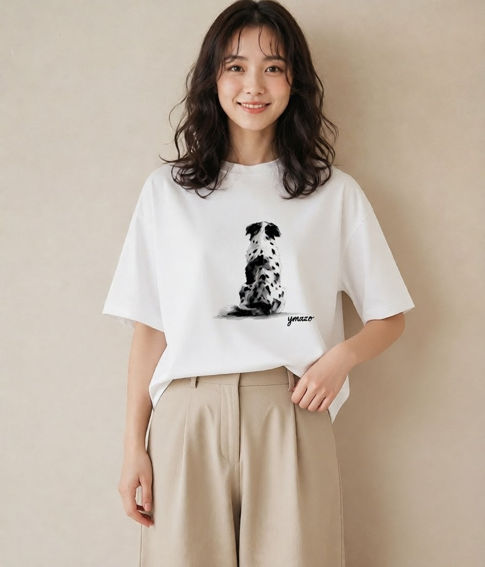 デザインTシャツ レディース ボーダーコリー 犬 いぬ イラスト 手描き風 ママ カフェ服 白T YMAZO