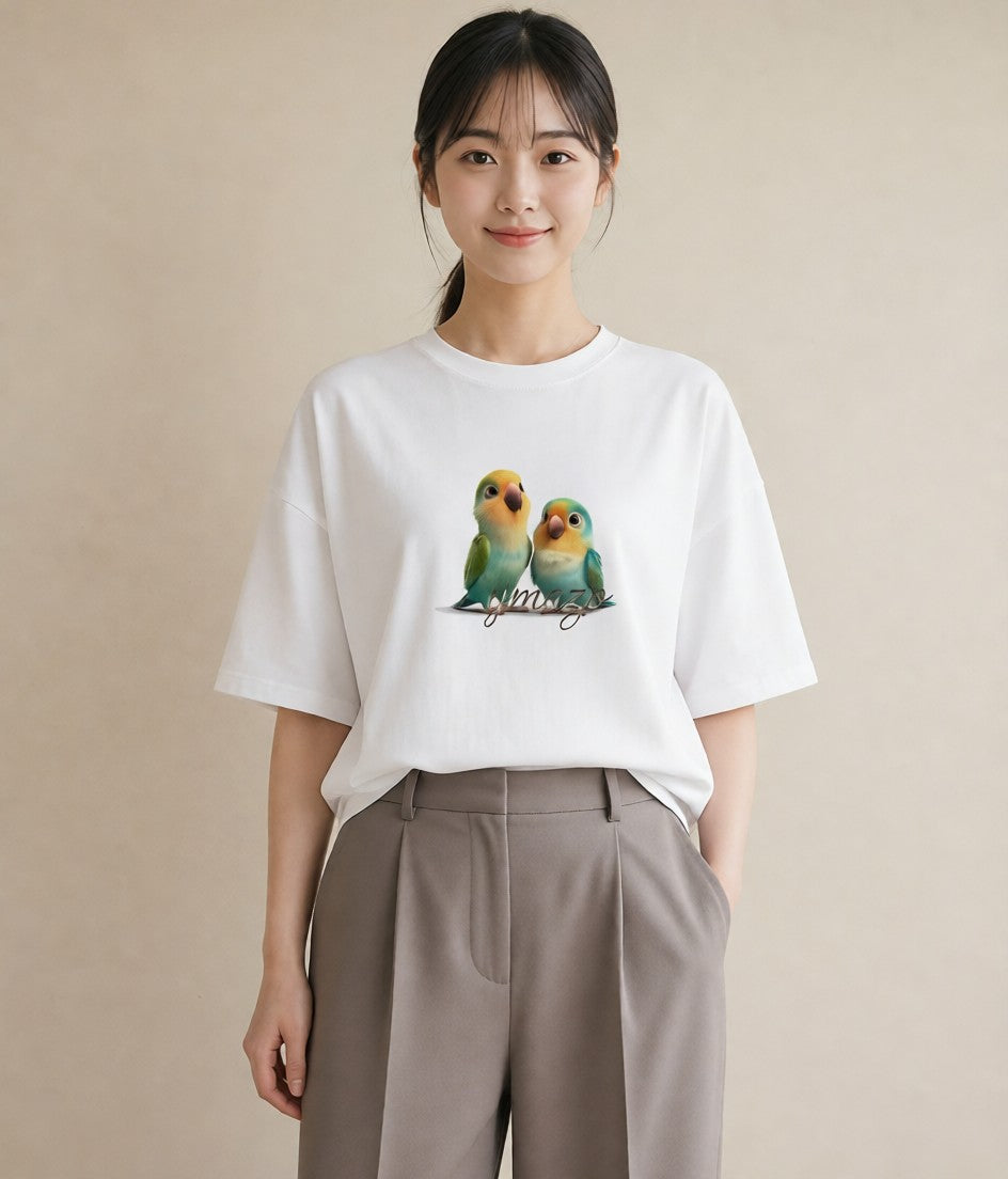 グラフィックTシャツ レディース セキセイインコ ペット 動物 イラスト フェミニン 姉妹 送別ギフト 白T YMAZO