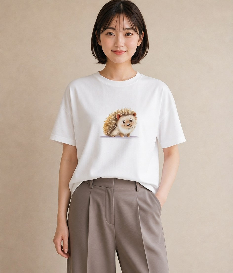 プリントTシャツ レディース ハリネズミ ペット 動物 イラスト ボタニカル ホワイトデー 春服 白T YMAZO