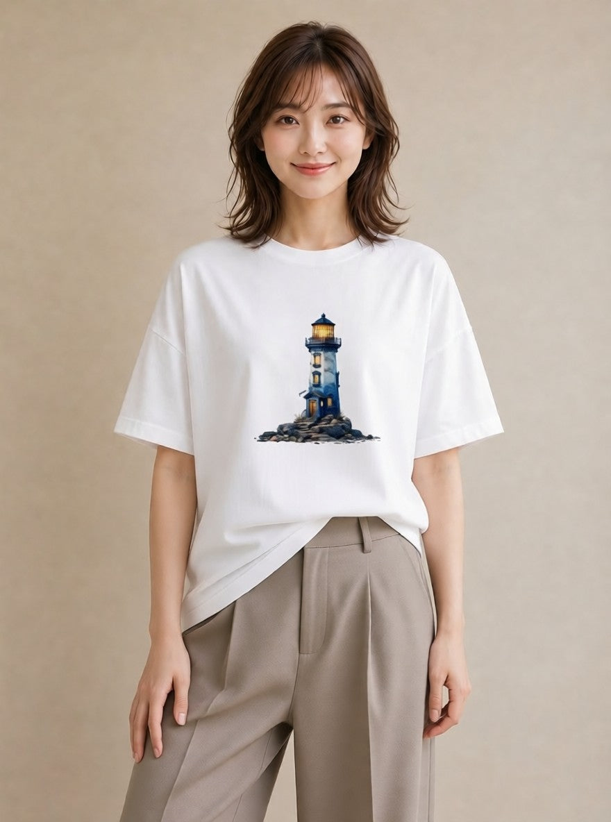 Tシャツ レディース 灯台 霧 海 ナチュラル アンティーク イラスト きれいめ カフェ巡り 女子会 白T YMAZO