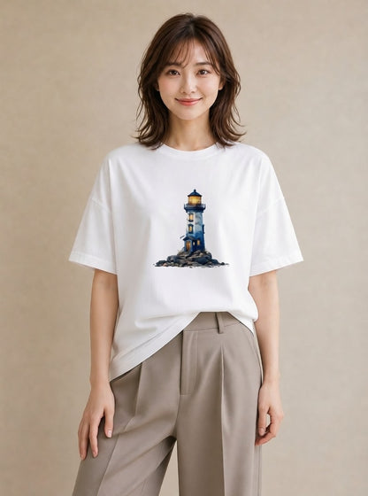 Tシャツ レディース 灯台 霧 海 ナチュラル アンティーク イラスト きれいめ カフェ巡り 女子会 白T YMAZO