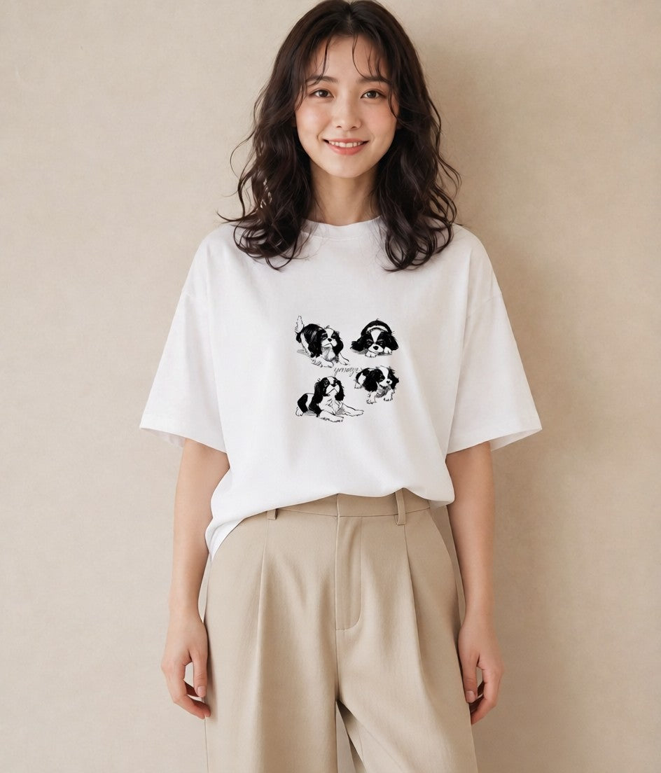 Tシャツ レディース キャバリア 犬 いぬ イラスト ミセス 春コーデ 白T YMAZO