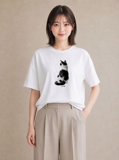 プリントTシャツ レディース サバトラ 猫 ねこ イラスト 上品 カジュアルコーデ 買い物 白T YMAZO