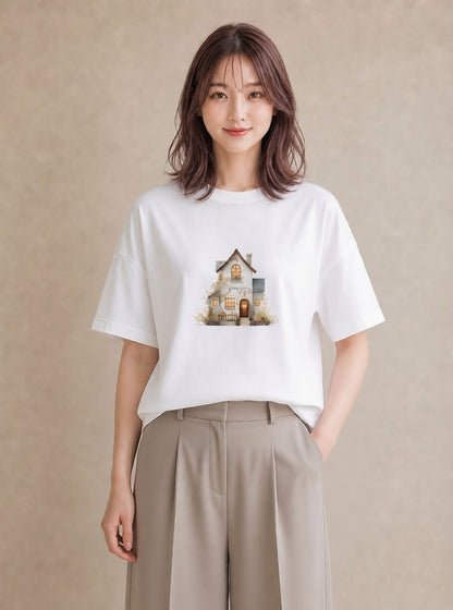 プリントTシャツ レディース 湖畔の小屋 湖 小屋 ナチュラル アンティーク イラスト 水彩風 ルームウェア ギフト 白T YMAZO