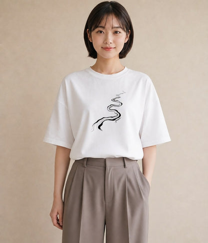 グラフィックTシャツ レディース 小川 橋 せせらぎ ナチュラル アンティーク イラスト 自分用 ルームウェア 白T YMAZO