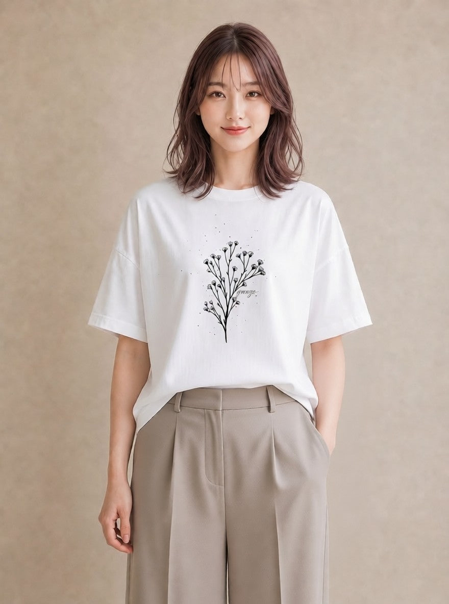 デザインTシャツ レディース 小花 花 フラワー イラスト カフェコーデ 在宅 公園 白T YMAZO