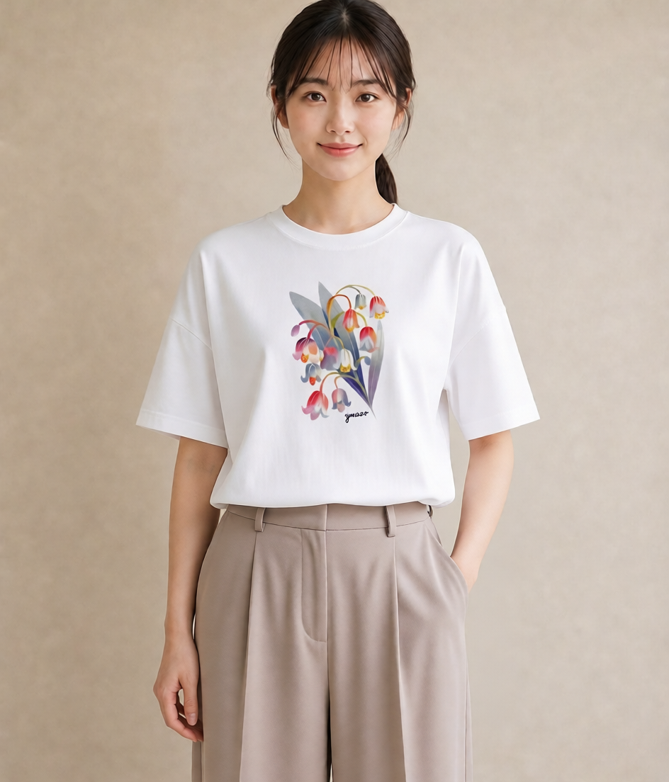 Tシャツ レディース すずらん 花 花柄 イラスト 線画 カフェ服 クリスマス 白T YMAZO