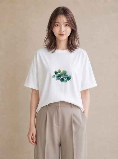Tシャツ レディース 葉っぱ 植物 ボタニカル イラスト カフェコーデ 部屋着 女性向けギフト 白T YMAZO