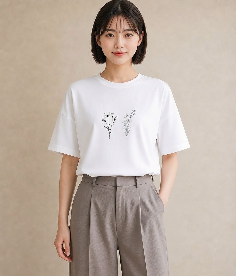半袖Tシャツ レディース 小花 花 フラワー イラスト ガーリー 夏コーデ 通学 白T YMAZO