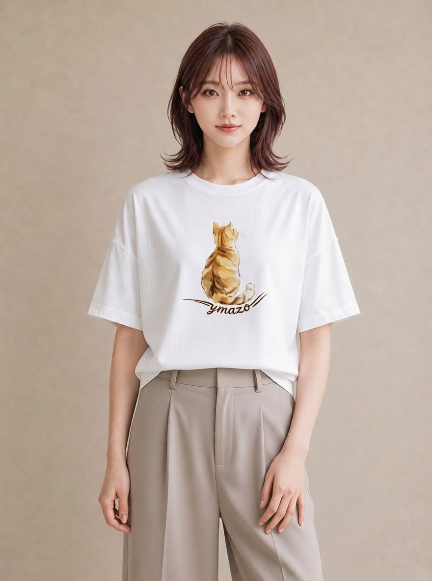 プリントTシャツ レディース 三毛猫 みけねこ 三毛 猫 ねこ イラスト ゆるコーデ ラフ レイヤード 白T YMAZO