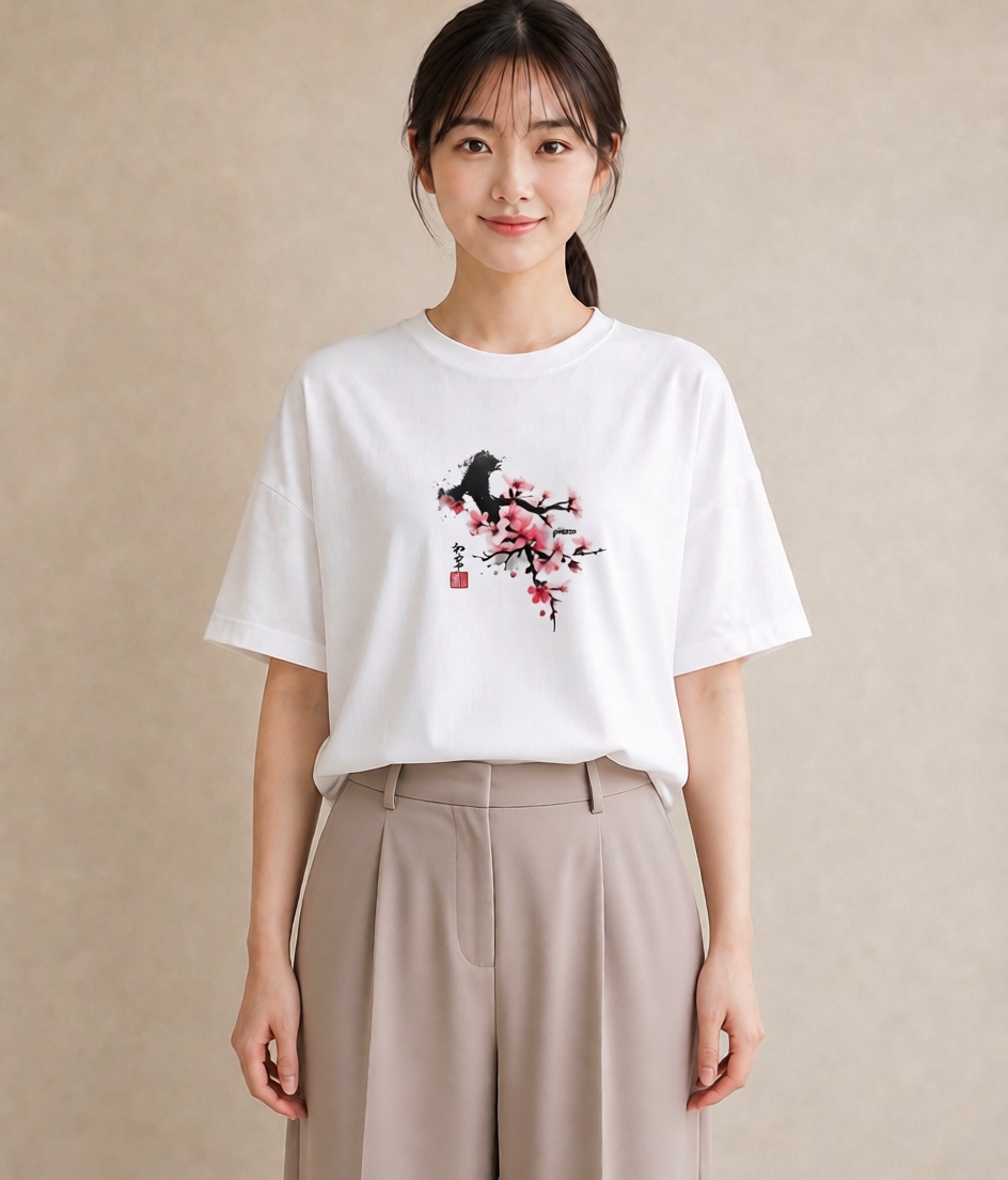 Tシャツ レディース 梅 花 花柄 イラスト モード ルームウェア ギフト 白T