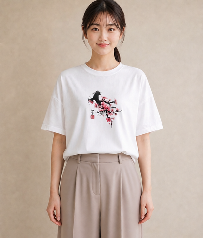 Tシャツ レディース 梅 花 花柄 イラスト モード ルームウェア ギフト 白T
