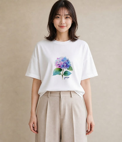 Tシャツ レディース あじさい 紫陽花 アジサイ 花 花柄 イラスト アート風 デイリーウェア 休日 白T YMAZO