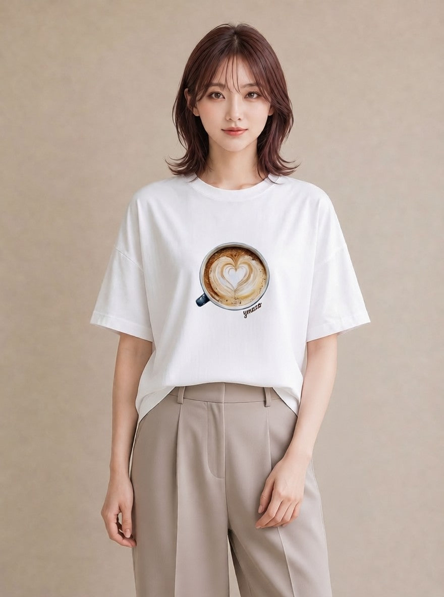 プリントTシャツ レディース カフェオレ 食べ物 フード イラスト 手描き風 帰省 ラフ 白T YMAZO