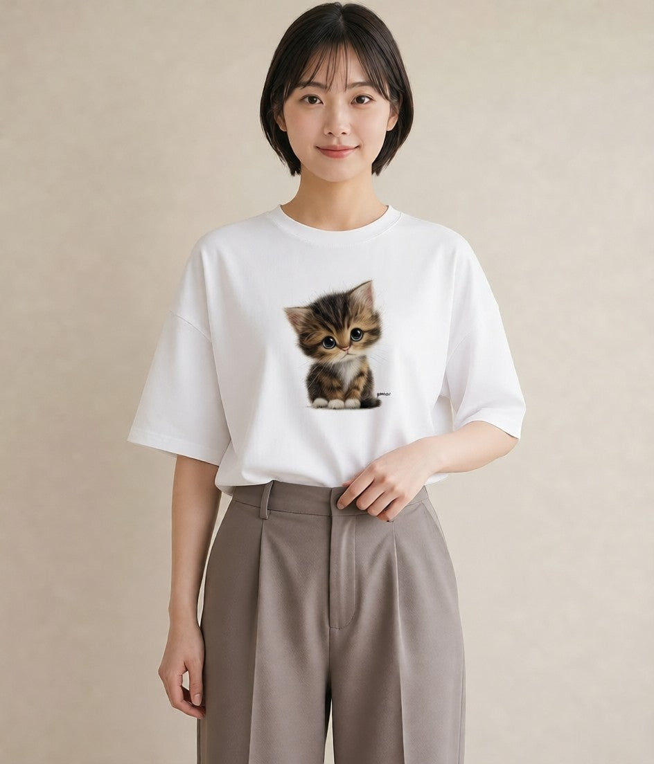 プリントTシャツ レディース 子猫 猫 ねこ イラスト こなれ感 カフェ巡り 女子会 白T YMAZO