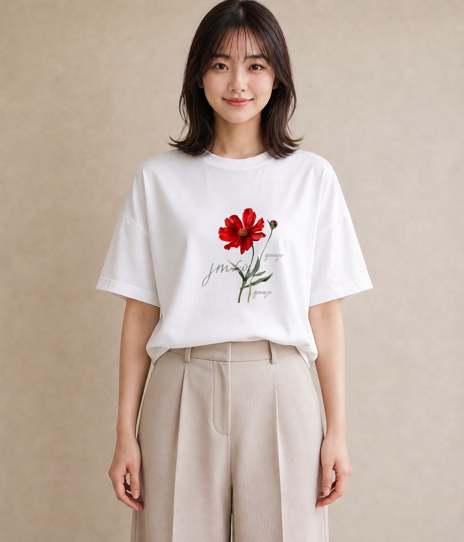 グラフィックTシャツ レディース コスモス 秋桜 花 花柄 イラスト 線画 母娘コーデ 自分用 白T