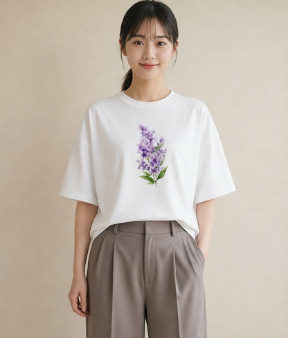 デザインTシャツ レディース スミレ 花 花柄 イラスト シック カジュアルコーデ 買い物 白T