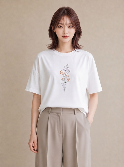 半袖Tシャツ レディース カスミソウ かすみ草 花 花柄 イラスト ラフ 帰省 白T