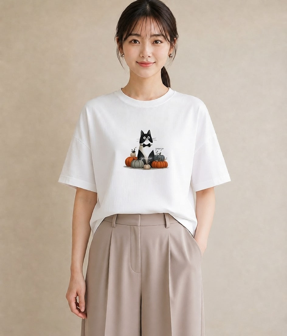 半袖Tシャツ レディース 靴下猫 猫 ねこ イラスト 線画 レイヤード 友達ギフト 白T YMAZO