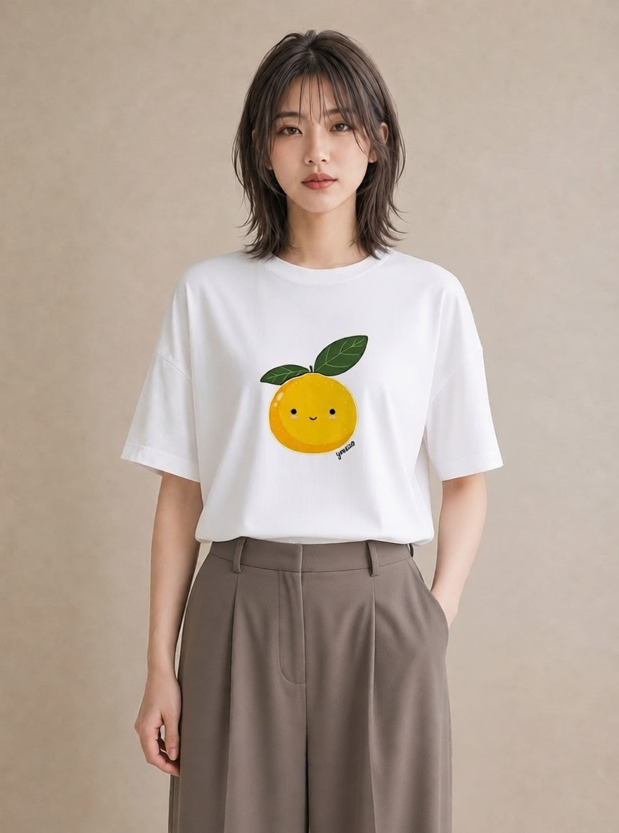 プリントTシャツ レディース みかん 食べ物 フード イラスト カフェコーデ ミセス 春コーデ 白T YMAZO