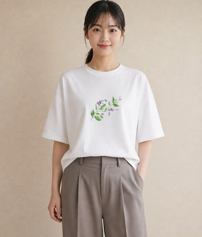 デザインTシャツ レディース ハーブ 植物 ボタニカル イラスト こなれ感 レイヤード 友達ギフト 白T YMAZO