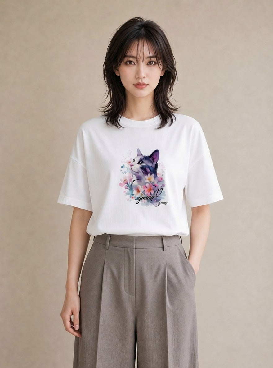 デザインTシャツ レディース 子猫 猫 ねこ イラスト フェミニン 帰省 ラフ 白T YMAZO