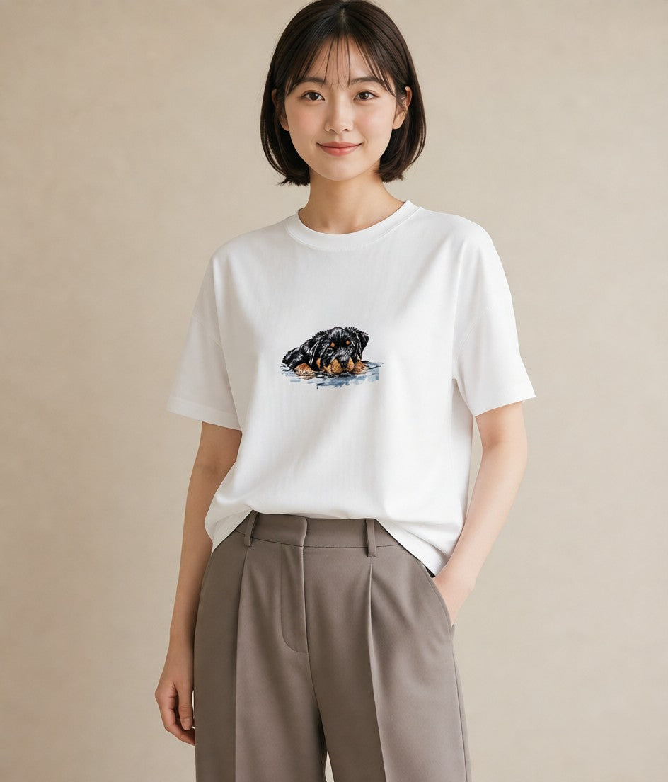 プリントTシャツ レディース 黒柴 犬 いぬ イラスト 韓国風 旅行 母娘コーデ 白T YMAZO