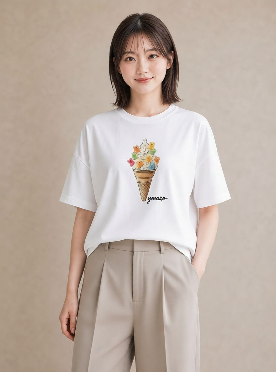 半袖Tシャツ レディース パフェ 食べ物 フード イラスト ボタニカル お出かけ 普段着 白T YMAZO