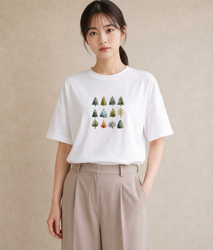 グラフィックTシャツ レディース 森 植物 ボタニカル イラスト 淡色 ミセス 春コーデ 白T YMAZO