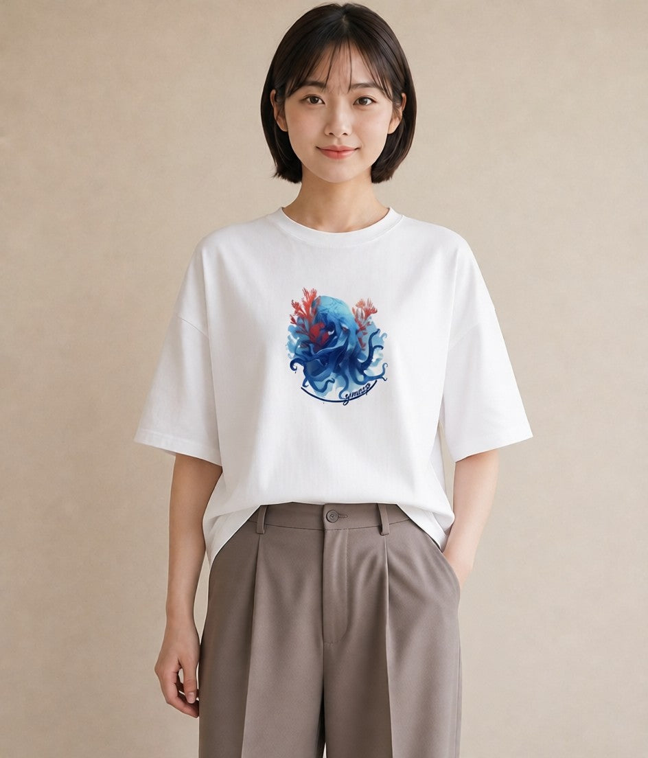 グラフィックTシャツ レディース タコ 海の生き物 海 イラスト 女性向けギフト 散歩 白T YMAZO