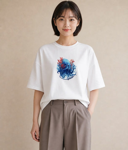 グラフィックTシャツ レディース タコ 海の生き物 海 イラスト 女性向けギフト 散歩 白T YMAZO