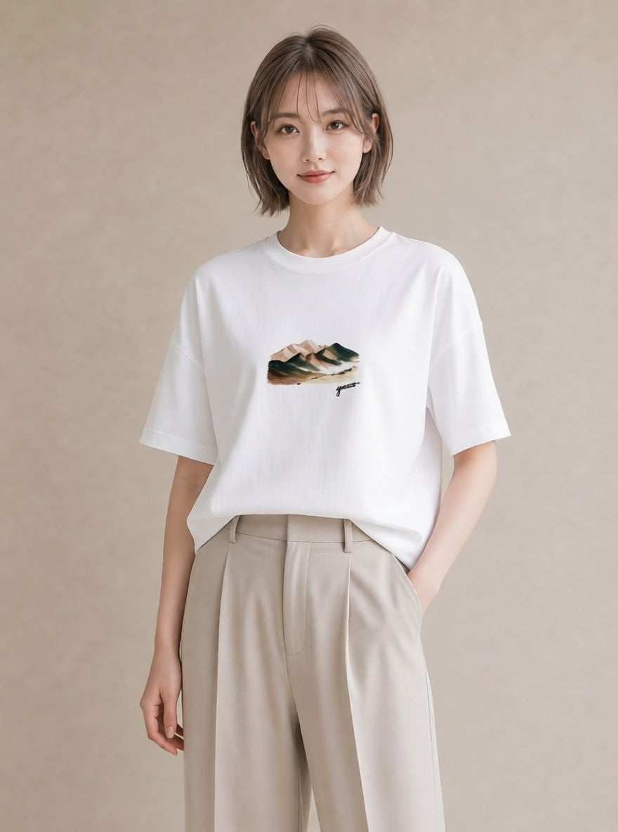 プリントTシャツ レディース 山 星空 宇宙 イラスト ポップ 母の日 ビーチ 白T YMAZO