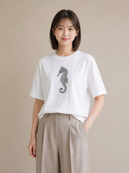 グラフィックTシャツ レディース タツノオトシゴ 海の生き物 海 イラスト ポップ ホワイトデー 春服 白T YMAZO
