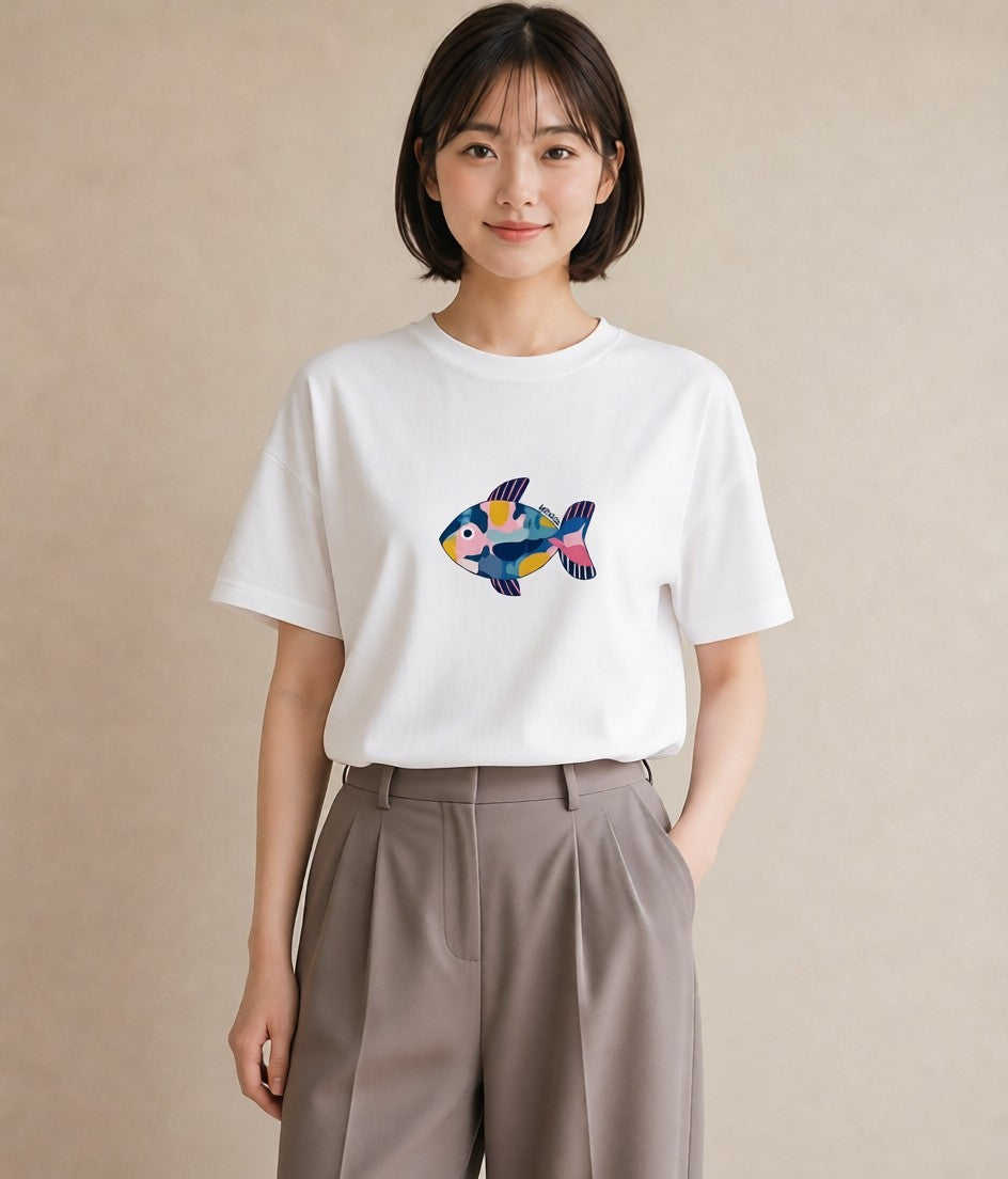 Tシャツ レディース たい焼き 食べ物 フード イラスト フェミニン 普段着 週末コーデ 白T YMAZO