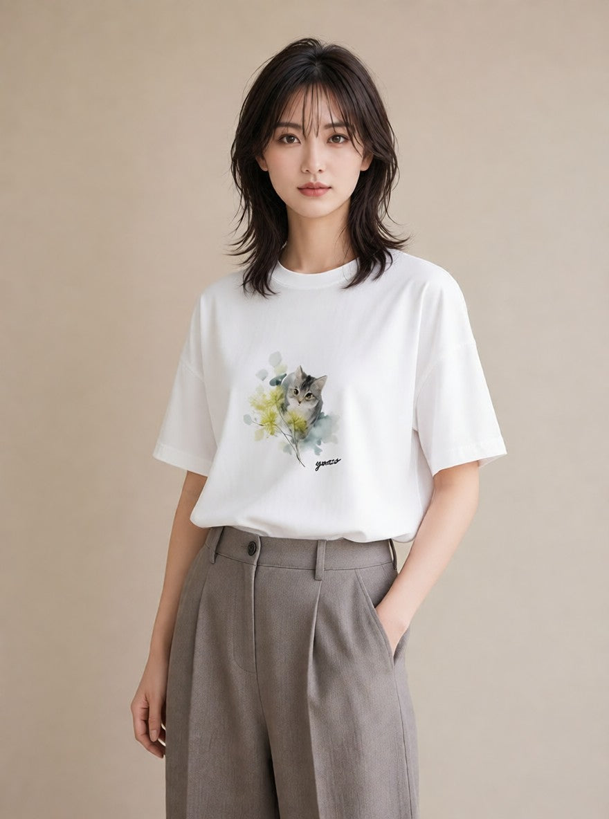 プリントTシャツ レディース 猫好き 猫 ねこ イラスト 淡色 友達ギフト 部屋着 白T YMAZO