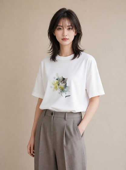 プリントTシャツ レディース 猫好き 猫 ねこ イラスト 淡色 友達ギフト 部屋着 白T YMAZO