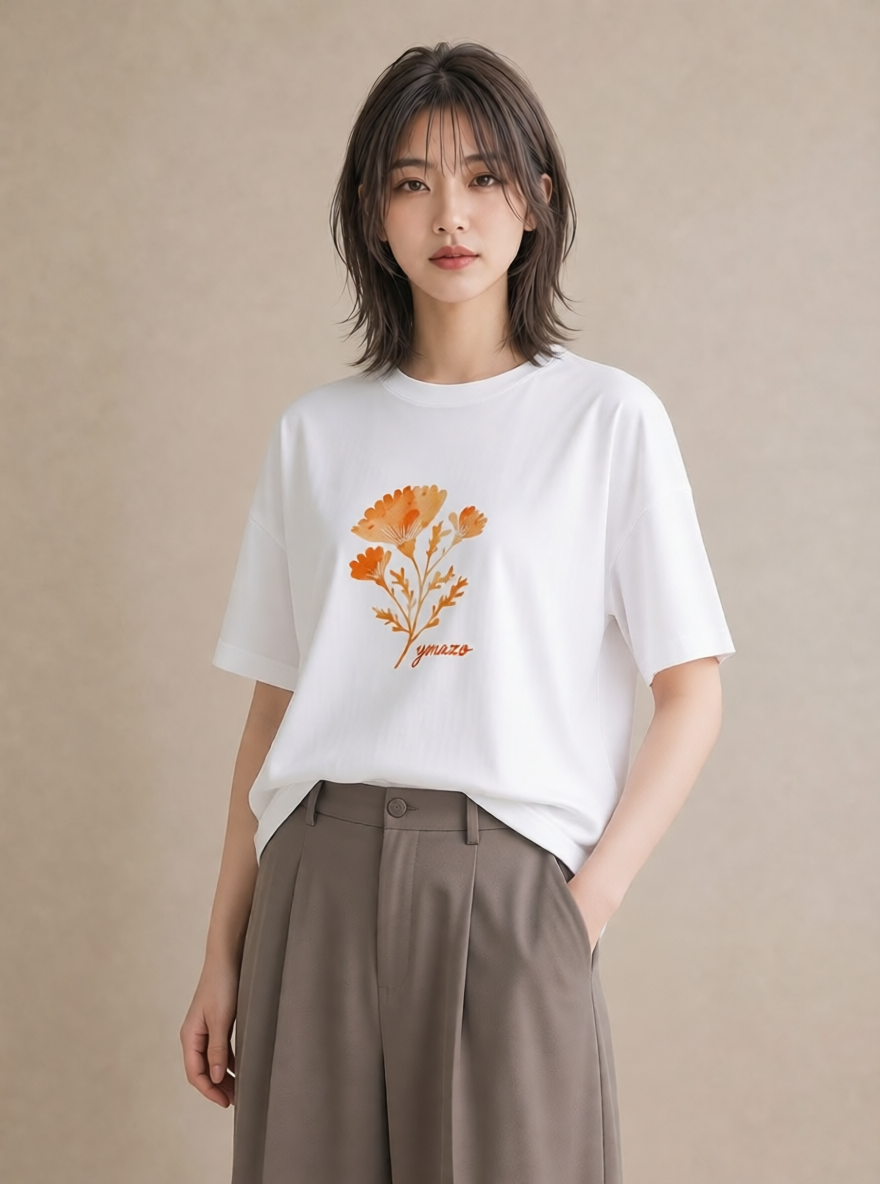 半袖Tシャツ レディース クローバー 四つ葉 花 花柄 イラスト 線画 カフェ服 クリスマス 白T