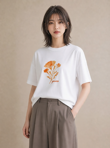 半袖Tシャツ レディース クローバー 四つ葉 花 花柄 イラスト 線画 カフェ服 クリスマス 白T