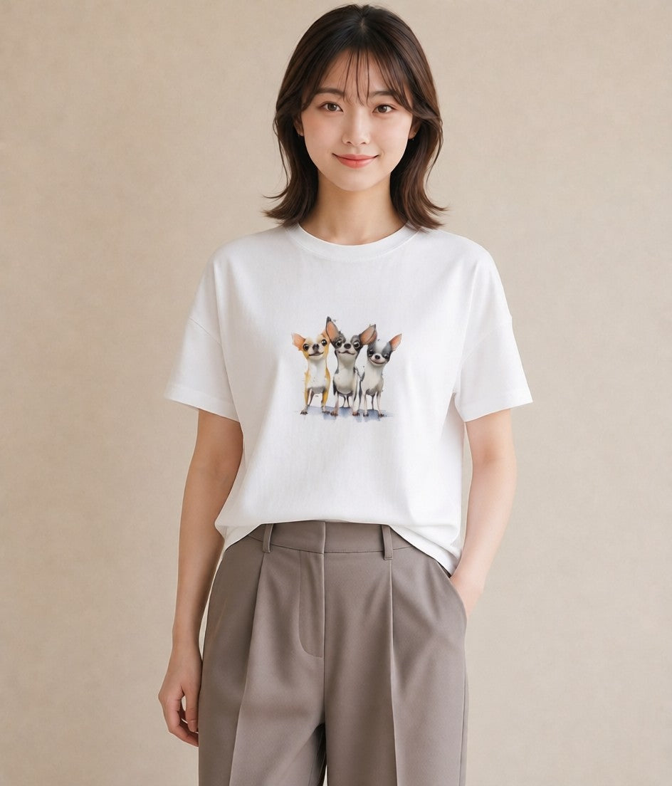 デザインTシャツ レディース チワワ 犬 いぬ イラスト こなれ感 普段着 週末コーデ 白T YMAZO