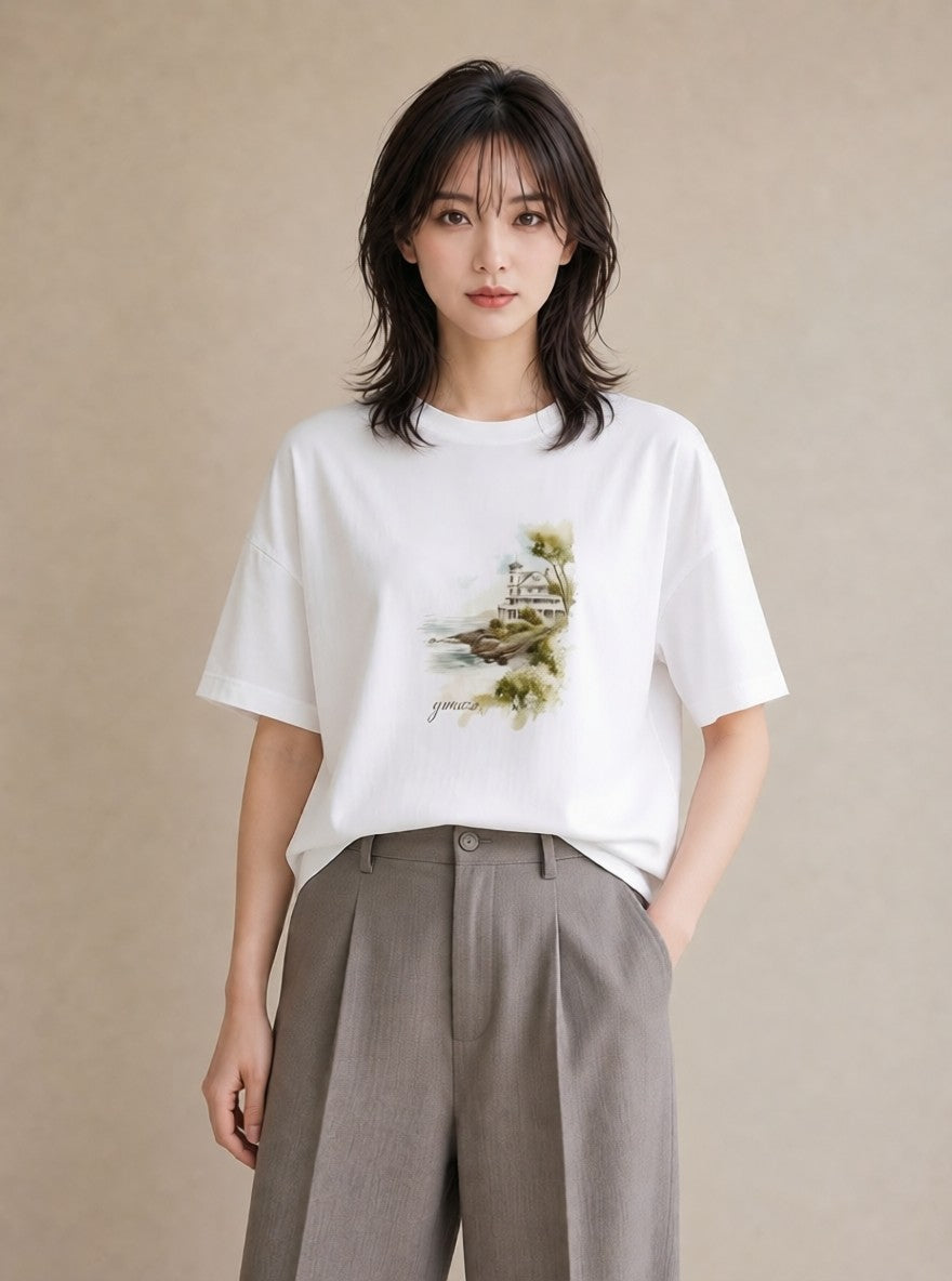 半袖Tシャツ レディース 灯台 霧 海 ナチュラル アンティーク イラスト 抜け感 春服 ミセス 白T YMAZO