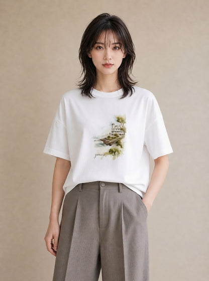 半袖Tシャツ レディース 灯台 霧 海 ナチュラル アンティーク イラスト 抜け感 春服 ミセス 白T YMAZO
