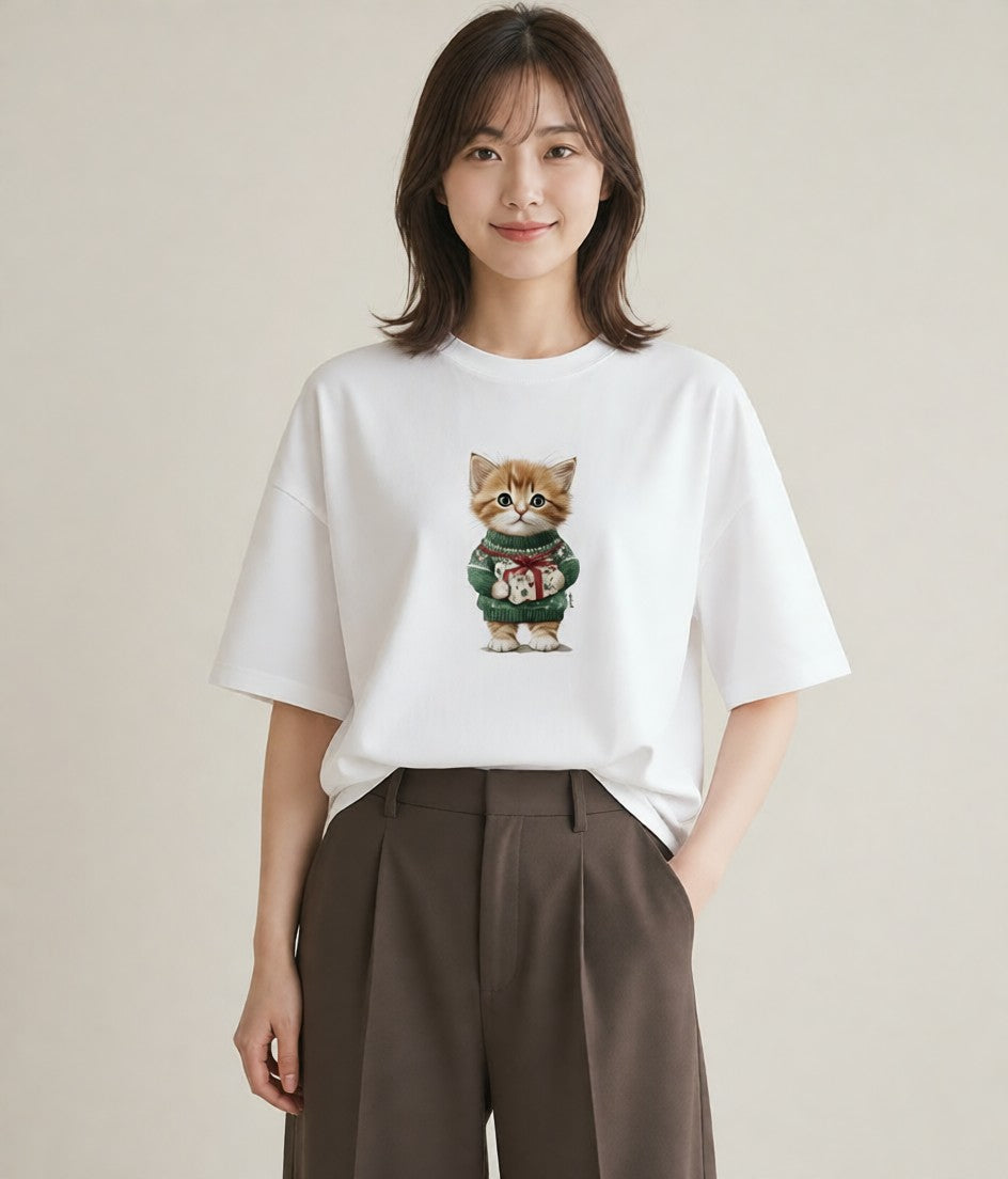 デザインTシャツ レディース 子猫 猫 ねこ イラスト ミニマル 春服 ミセス 白T YMAZO