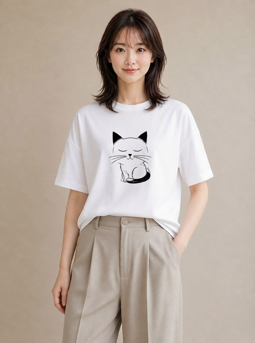デザインTシャツ レディース 猫 ねこ ネコ イラスト デイリーウェア 休日 白T YMAZO