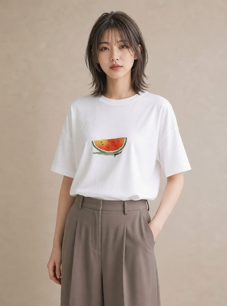 プリントTシャツ レディース メロン 食べ物 フード イラスト レトロ 親子 20代 白T YMAZO