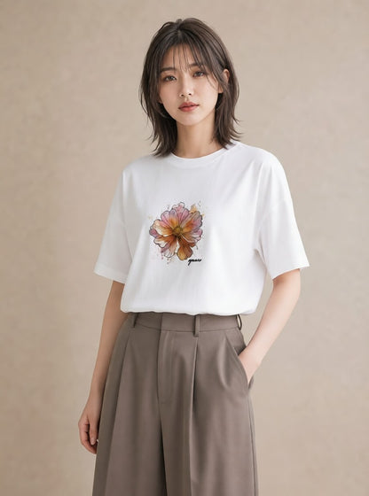 半袖Tシャツ レディース コスモス 秋桜 花 花柄 イラスト 淡色 在宅 公園 白T YMAZO