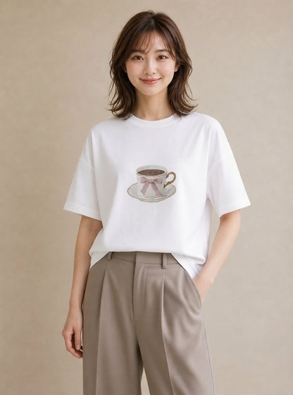 グラフィックTシャツ レディース エスプレッソ 食べ物 フード イラスト ガーリー 海 カフェ巡り 白T YMAZO