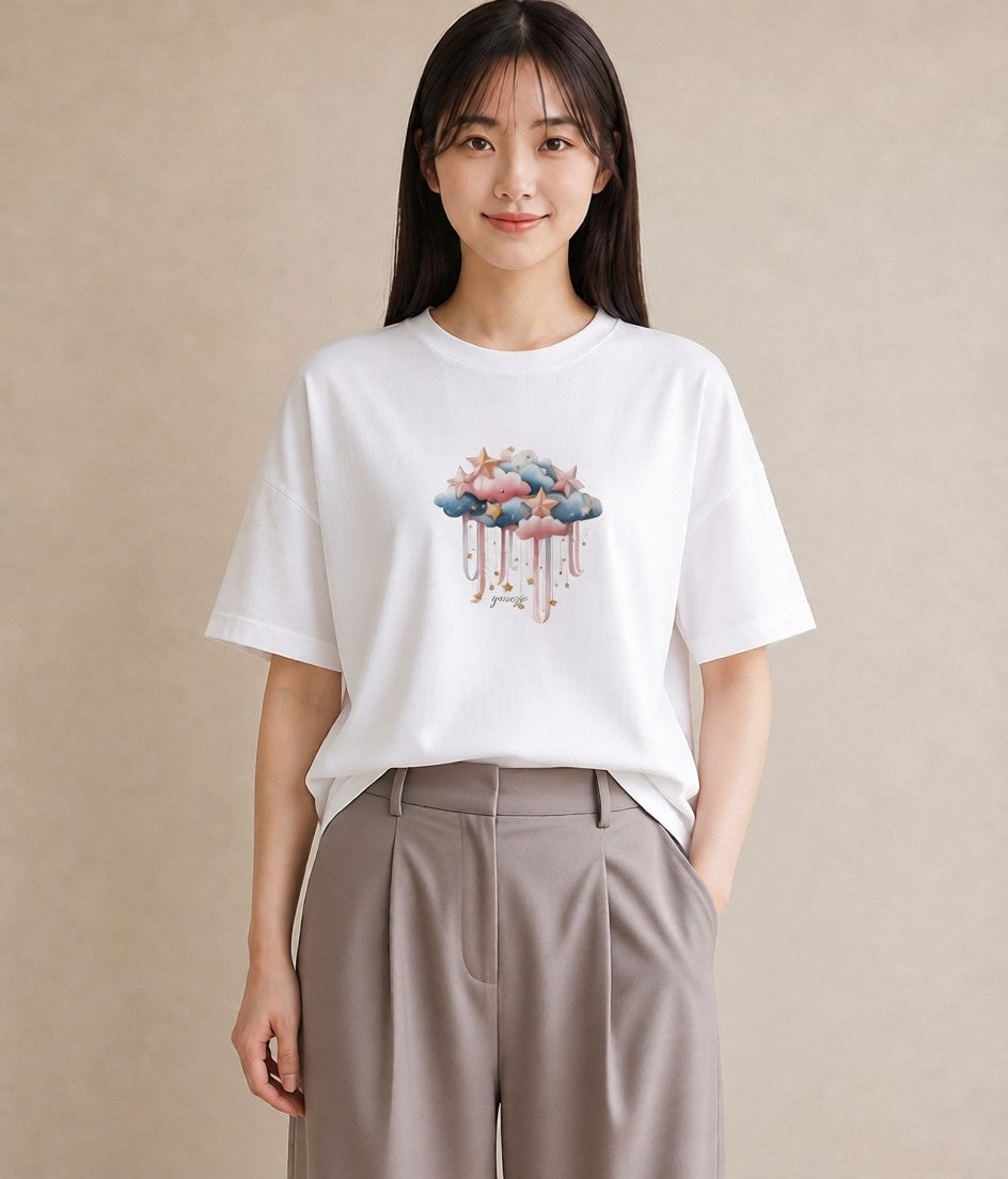 プリントTシャツ レディース 星空 宇宙 イラスト カフェ服 クリスマス 白T YMAZO