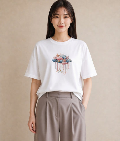 プリントTシャツ レディース 星空 宇宙 イラスト カフェ服 クリスマス 白T YMAZO